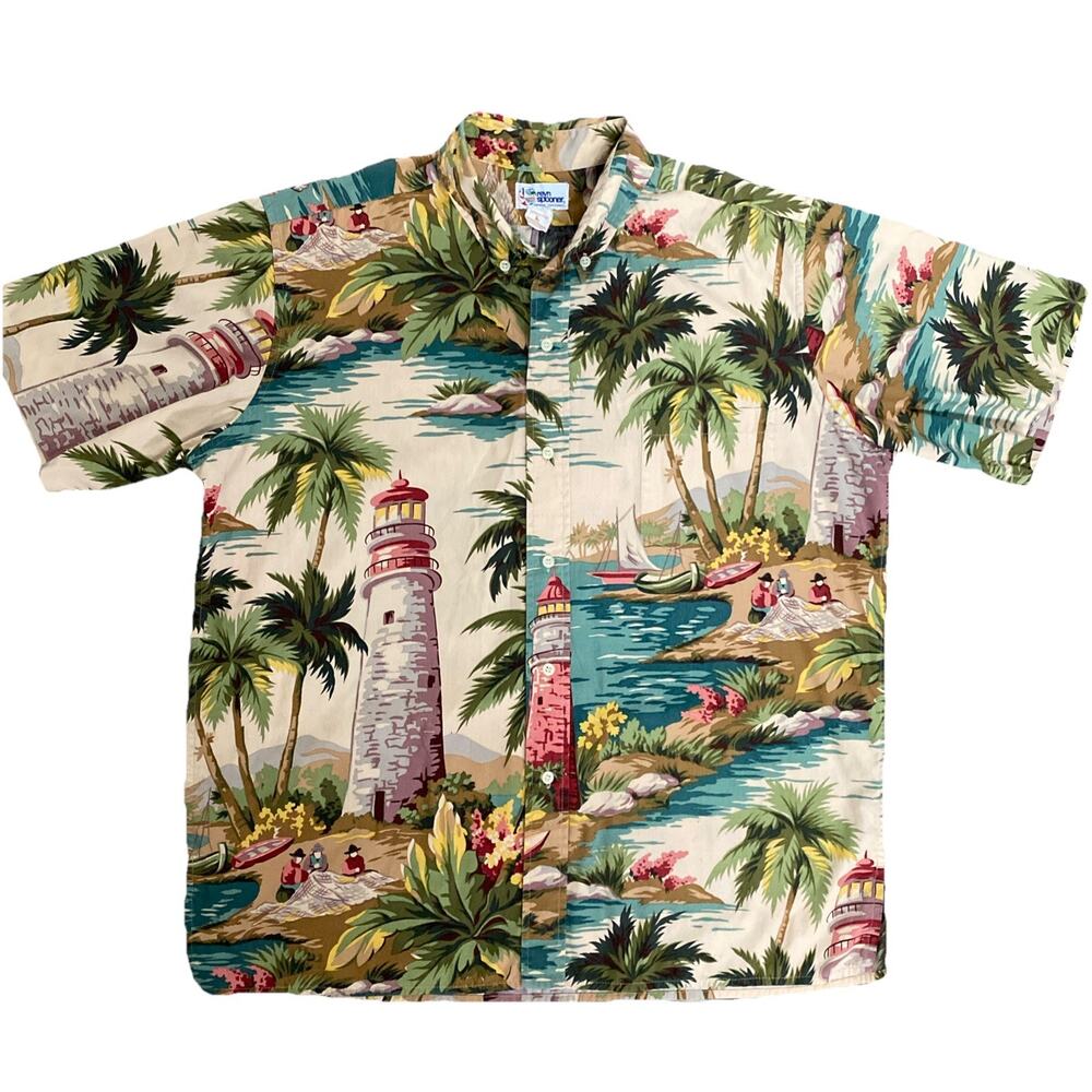 Reyn Spooner Shirt Short Sleeve Hawaiian Floral Tropical Lighthouse Palm…